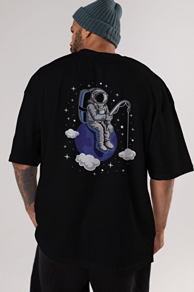 Ankhises تي شيرت أسود كبير الحجم مطبوع عليه صورة رائد فضاء للجنسين برقبة دائر...