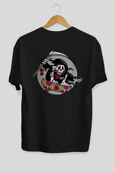 Ankhises Tricou negru supradimensionat cu imprimeu pe spate Grim Skater, unisex, bărbați, femei, cu gât crepus