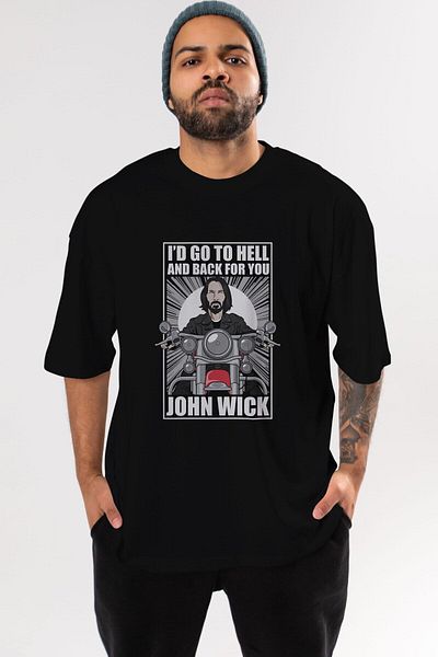 Ankhises Tricou negru oversize cu imprimeu în față pentru motociclist John Wick, unisex, pentru bărbați, pentru femei, cu gât crepus