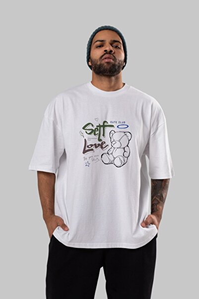 Ankhises Medved "Self Love" Prednja strana Štampano Bela Oversize kroj T-shir...