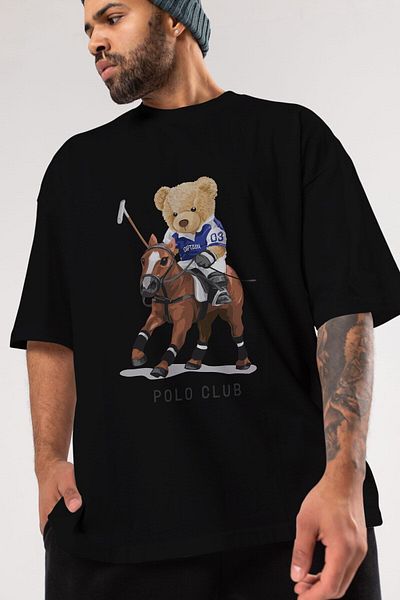 Ankhises Teddy Bear Polo Club εμπρός εμπριμέ μαύρο μπλουζάκι υπερμεγέθη ανδρικό γυναικείο λαιμόκοψη