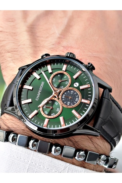 Chaperone Siyah Renk Deri Kordon Fonksiyonlu  Erkek Kol Saati + BİLEKLİK HEDİ...
