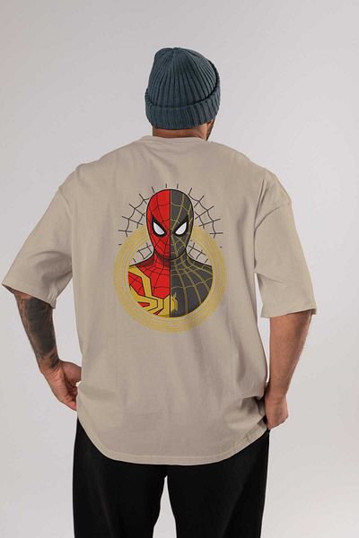 Ankhises Spiderman (28) Μπεζ Oversize Crew Neck Βαμβακερό ανδρικό γυναικείο μπλουζάκι - Πίσω στάμπα