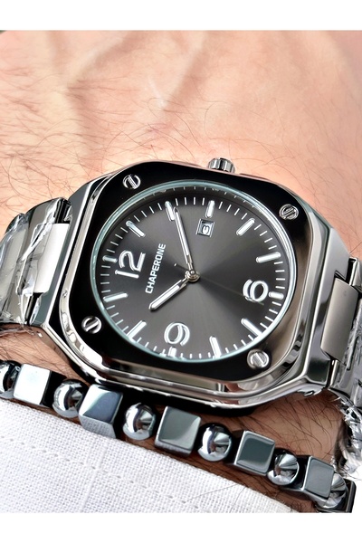 Chaperone Füme Renk Sade Klasik Kare Model Çelik Kordon Erkek Kol Saati + BİL...