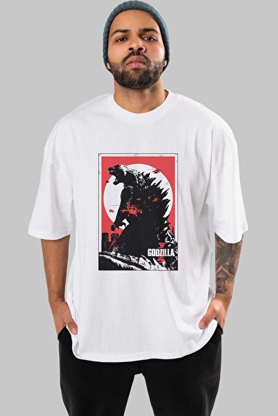Ankhises Godzilla 2 - Tricou alb oversize pentru bărbați și femei, cu guler r...