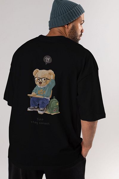 Ankhises Teddy Bear Just Stay Curious Μαύρο ανδρικό γυναικείο μπλουζάκι με λαιμόκοψη μεγάλου μεγέθους