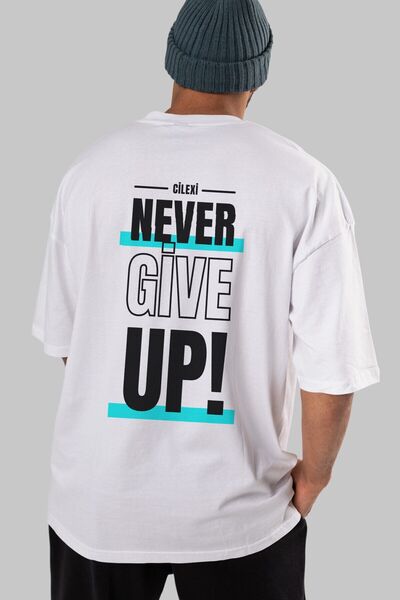 Ankhises Never Give Up 2 Texte Spate Imprimat Tricou supradimensionat alb Băr...