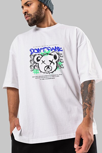 Ankhises Medvedić Ne paniči Prednja strana Štampano Bela Oversize kroj T-shir...