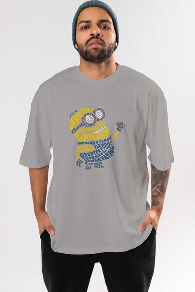 Ankhises Tricou supradimensionat gri cu imprimeu Minion, unisex, pentru bărbați, pentru femei, cu decolteu