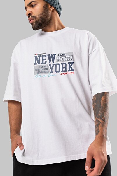 Ankhises New York Street Front Štampano White Oversize kroj T-shirt Unisex Mu...