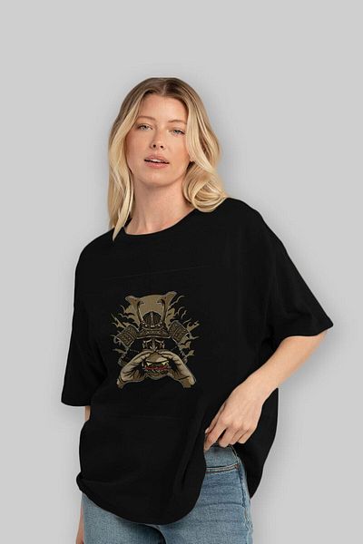 Ankhises Tricou negru supradimensionat cu imprimeu frontal Samurai Burger, unisex, pentru bărbați, pentru femei, cu gât crepus