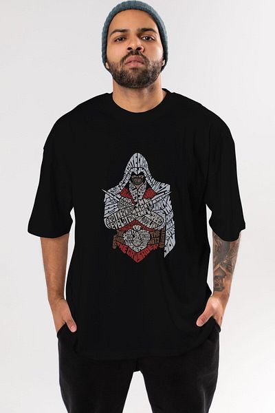 Ankhises Tricou negru supradimensionat cu imprimeu frontal Assassins, unisex, pentru bărbați, pentru femei, cu gâtul turnat