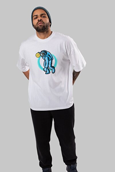 Ankhises Astronaut Dribble Front Štampano Bela Oversize kroj T-shirt Unisex M...