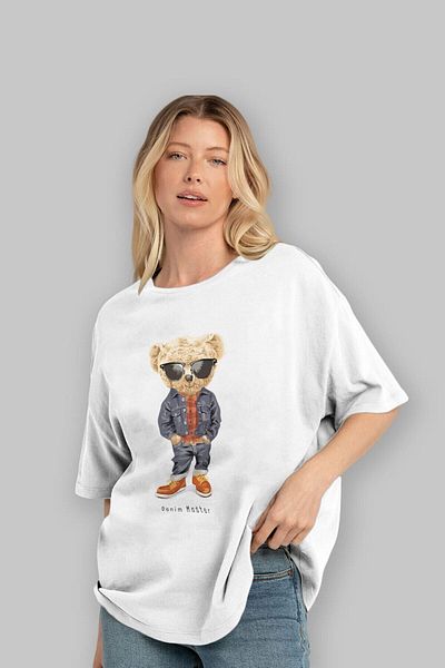 Ankhises Tricou supradimensionat alb cu imprimeu în fața în stil ursuleț pentru bărbați și femei cu gât turnu