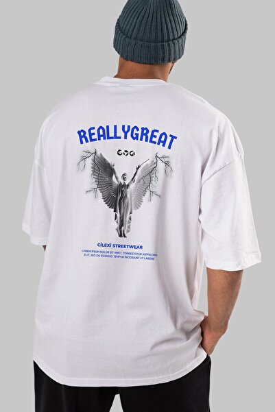 Ankhises Stvarno sjajan anđeo leđa Štampano bela Oversize kroj T-shirt muškar...