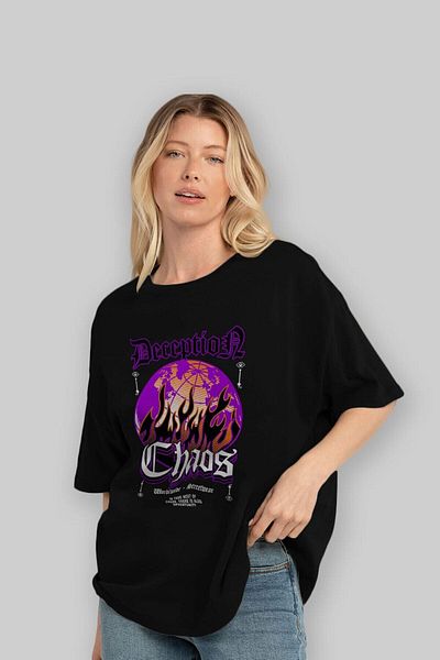 Ankhises Tricou negru oversize cu imprimeu în față Deception Chaos, unisex, pentru bărbați, pentru femei, cu decolteu