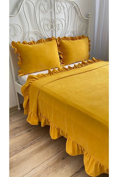 Decamor home Ruffled Mustard Yellow Bedspread Set Double