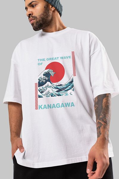 Ankhises Tricou alb oversize cu imprimeu în față Kanagawa, unisex, pentru bărbați, pentru femei, cu gât crew