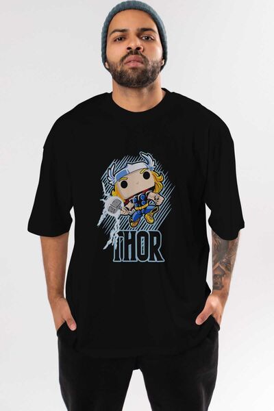 Ankhises Tricou supradimensionat negru cu imprimeu Thor (2) - Gât crew pentru bărbați și femei