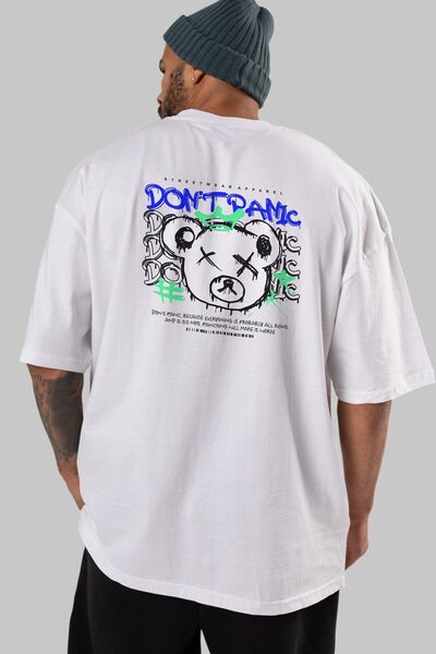 Ankhises Teddy Bear Dont Panic Spate Imprimat Alb Tricou oversize Unisex bărb...