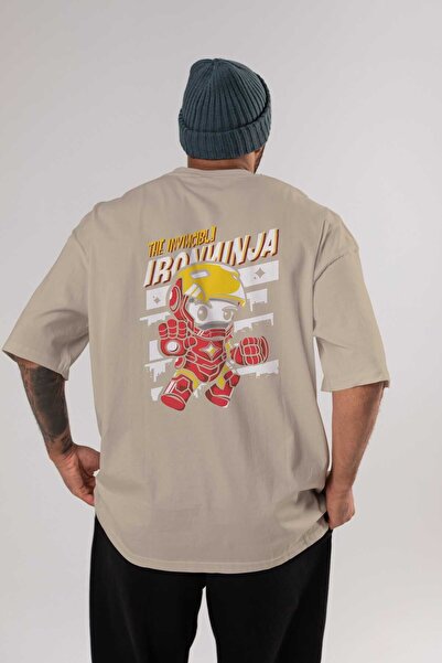 Ankhises Iron Ninja - Bež Oversize kroj Pamuk T-shirt , okrugla kragna - Mušk...