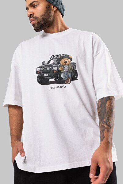 Ankhises تي شيرت تيدي بير أوف رود أبيض كبير الحجم مطبوع من الأمام للرجال والن...