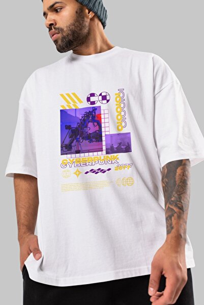 Ankhises Tricou oversize alb cu imprimeu Cyberpunk în față pentru bărbați și ...