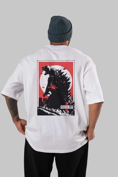 Ankhises Godzilla 2 - Tricou supradimensionat alb din bumbac, decolteu, impri...
