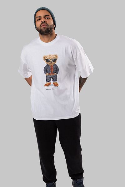 Ankhises Tricou supradimensionat alb cu imprimeu în fața în stil ursuleț pentru bărbați și femei cu gât turnu