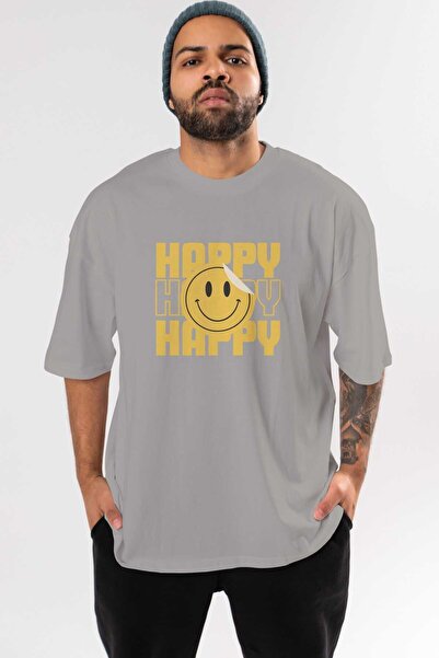 Ankhises Tricou oversize, gri, cu imprimeu Happy Smile, unisex, bărbați, femei, cu gât crepus