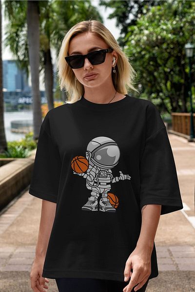 Ankhises Astronaut Jucător de baschet cu imprimeu în față, negru, tricou supradimensionat, unisex, bărbați, femei, cu decolteu rotund