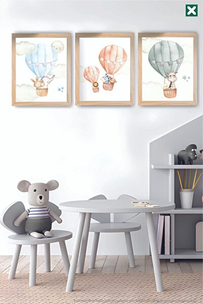 TABLOX Animale drăguțe în baloane zburătoare Set de pictură modernă din MDF cu aspect de cadru din 3 piese - Bebeluș și copil