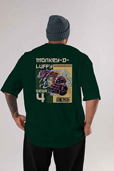 Ankhises Monkey D Luffy Back Štampano Emerald Green Oversize kroj T-shirt Uni...