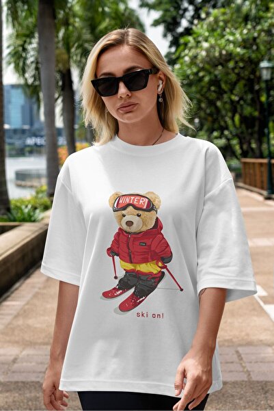 Ankhises Teddy Bear Ski In Front Printed Alb Tricou Oversize bărbați Femei De...