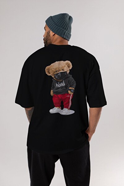 Ankhises تي شيرت تيدي بير هالو سبورت أسود مطبوع برقبة دائرية للرجال والنساء