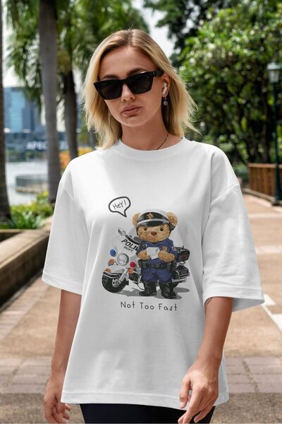 Ankhises Teddy Bear Not Too Fast Μπροστινό εμπριμέ λευκό μπλουζάκι υπερμεγέθη ανδρικό γυναικείο λαιμόκοψη