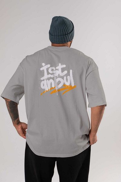 Ankhises Tricou supradimensionat, gri, imprimat cu litere Istanbul, unisex, pentru bărbați, pentru femei, cu decolteu