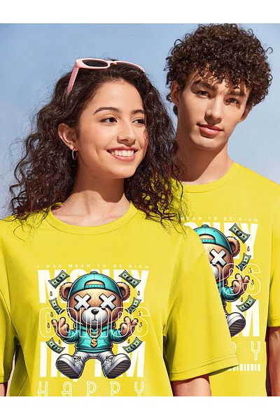 DogFish MoneyComesInImHappy Printed - Lover Couple Combination Oversize Yellow T-Shirt