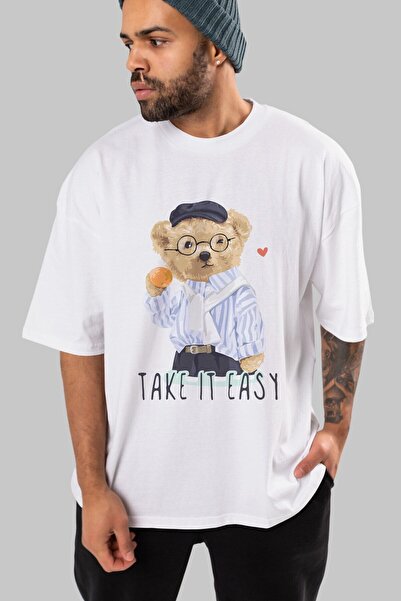 Ankhises Teddy Bear Take it Easy Tricou alb supradimensionat cu imprimeu în f...