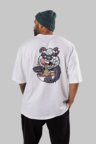 Ankhises Panda Ramen Back Štampano Bela Oversize kroj T-shirt Unisex Muškarci...