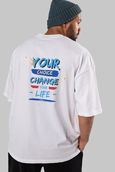 Ankhises Your Choice Change Your Life Біла футболка оверсайз з принтом на спи...