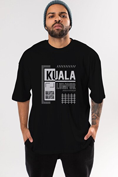 Ankhises Kuala Lumpur Μπροστινό εμπριμέ μαύρο μπλουζάκι υπερμεγέθη Unisex ανδρικό γυναικείο λαιμόκοψη