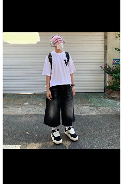 DENOKMODA ЧОРНІ УНІСЕКС ЗРУЧНОЇ ПОСАДКИ ШИРОКІ ДЖИНСОВІ ШОРТИ-КАПРІ ВІНТАЖНІ