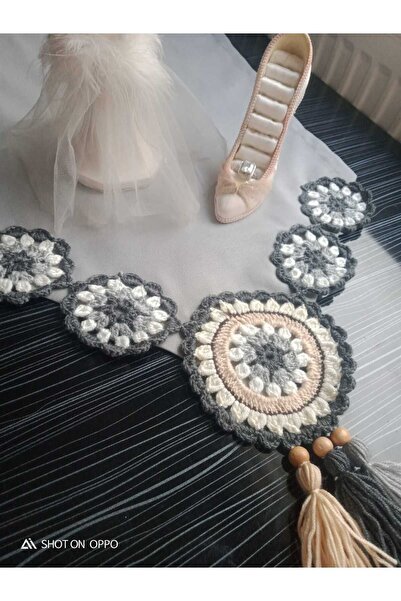 GUHEF Light Gray Lace Tasseled Linen Runner Tablecloth - 40x100 Cm