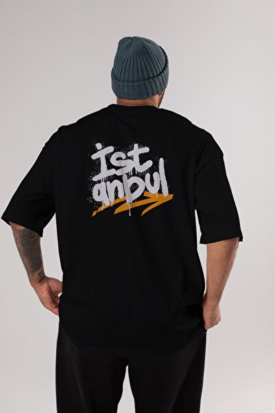 Ankhises تي شيرت أسود كبير الحجم مطبوع عليه حروف من istanbul للرجال والنساء ب...