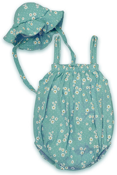 bebizu Papatya Desenli Askılı Alttan Çıtçıtlı Tulum Ve Bağcıklı Şapka
