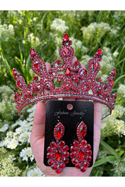 ANZE kırmızı kristal taşlı yüksek model gelin tacı ve küpe seti