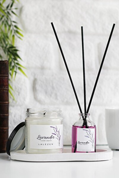 LALEZEN Beyaz Stantli Lavanta Oda Kokusu Ve Lavanta Kokulu Mum