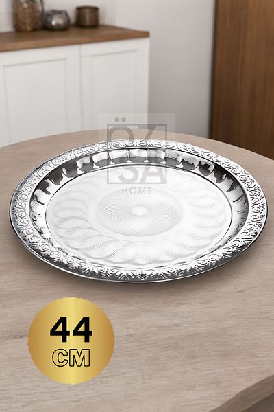 ÖzSa Home Stainless Steel Patterned 3-Piece Round Tea Tray - Brown 36-40-44 cm