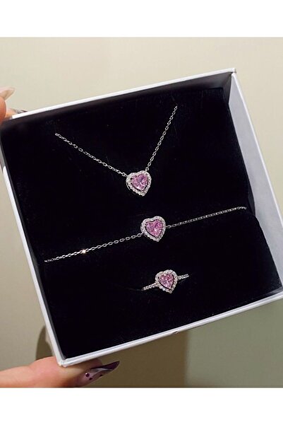 DMR Accessoire Çelik Ayarlanabilir Pembe Kalp Kolye Bileklik Yüzük seti Aşk Seti